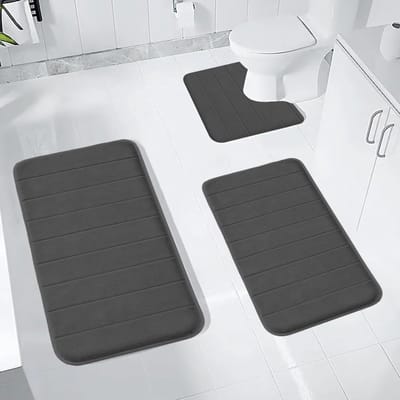 Zachte en Sneldrogende Badkamer Tapijten Set van 3 - Antislip Coral Fleece in Donkergrijs voor Comfort en Stijl
