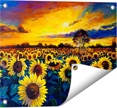 Gards Tuinposter Getekende Zonnebloemen Veld met Olieverf - 50x40 cm - Tuindoek - Tuindecoratie - Wanddecoratie buiten - Tuinschilderij