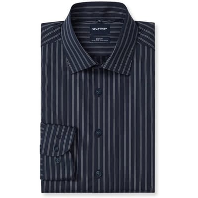 OLYMP Level 5 body fit overhemd - mouwlengte 7 - popeline - marine blauw met lichtblauw gestreept - Strijkvriendelijk - Boordmaat: 38 (EU maat: S)