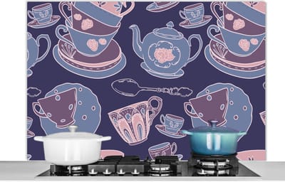 Spatscherm keuken 120x80 cm - Kookplaat achterwand Patroon - Thee - Kop - Theepot - Muurbeschermer - Spatwand fornuis - Hoogwaardig aluminium