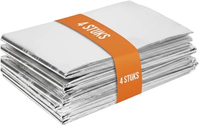 Prepper Basis - Nooddeken Set van 4 - Denk Vooruit - Reddingsdeken 130x210 cm - Isolatiedeken Zilver - Warmtedeken voor EHBO, Auto & Noodpakket - Thermische Survival Deken