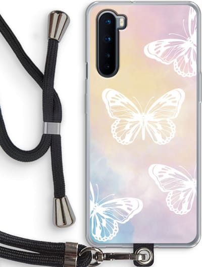 Case Company® - Hoesje met koord geschikt voor OnePlus Nord hoesje met Koord - White butterfly - Telefoonhoesje met Zwart Koord - Bescherming aan alle Kanten en Over de Schermrand