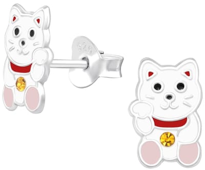 Joy|S - Zilveren kat poes oorbellen - wit met rode halsbandje - geel kristal - 6 x 9 mm