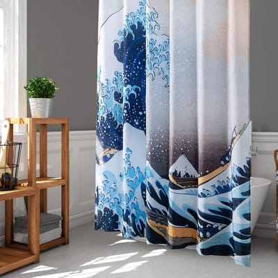Japanse stijl douchegordijn met Hokusai's De Grote Golf, waterdicht en duurzaam, 71 x 71 inch, inclusief haken, ideaal voor badkamerdecoratie