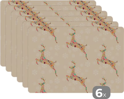Placemat - Placemats kunststof - Regenboog - Rendier - Kerst cadeau - Patronen - Christmas - 45x30 cm - 6 stuks - Hittebestendig - Anti-Slip - Onderlegger - Afneembaar