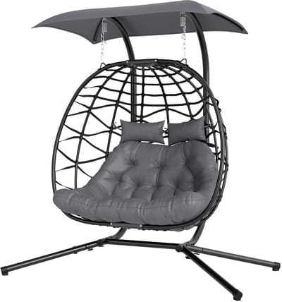 Egg Hangstoel - Hangstoel met standaard - Egg Chair - Stalen Frame - Zonnekap - Opvouwbare Rieten Stoel - Tuinstoel - Draagvermogen tot 260 kg - Incl. Kussen - Donkergrijs