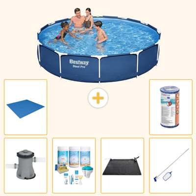Bestway Rond Steel Pro Zwembad - 366 x 76 cm - Blauw - Inclusief Pomp - Onderhoudspakket - Solar Mat - Schoonmaakset - Grondzeil - Filter - 7-delig