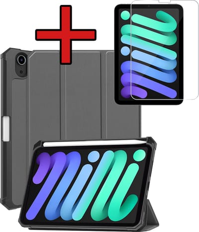Hoesje - Geschikt voor Apple iPad Mini 7 (2024) - 8.3 inch - 7e Generatie - Met Screenprotector - Trifold Bookcase Hoes - Hard Cover Case - Met Uitsparing Geschikt voor Apple Pencil - Hardcover Book - Tablethoes - Grijs
