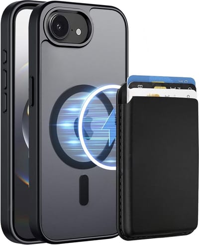 Hoesje met Pasjeshouder geschikt voor iPhone 16E / iPhone 17E Hoesje - 2 Pack - Afneembare Magnetische Pasjeshouder - Vegan Leer - Geschikt voor Magsafe iPhone 16e / iPhone 17e - Sterk Slank en Stootbestendig - Doorzichtig - Mat Zwart