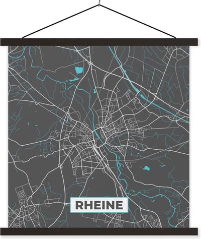 Posterhanger incl. Poster 60x60 cm - Schoolplaat - Duitsland – Blauw – Rheine – Stadskaart – Kaart – Plattegrond - Textielposter - Zwarte latten - Stadskaart
