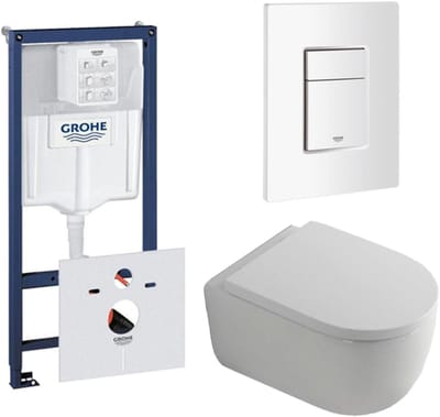 QeramiQ Dely Swirl Toiletset - 36.5x 53cm - Grohe Rapid inbouwreservoir - 35mm zitting - witte bedieningsplaat - rechthoekige knoppen - glans wit
