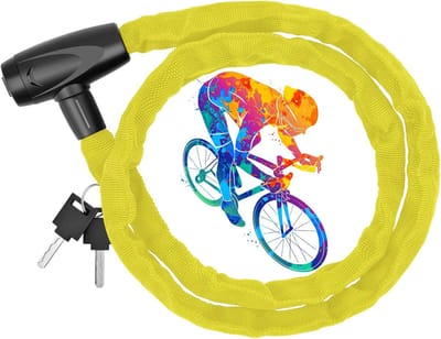 Famanu - Fietskettingslot, 5-cijferig wachtwoord-kettingslot, 4 mm dikke ketting, beschermende stoffen afdekking, hoge veiligheid, anti-diefstal fietsslot voor fiets, motorfiets (geel, 4 mm)