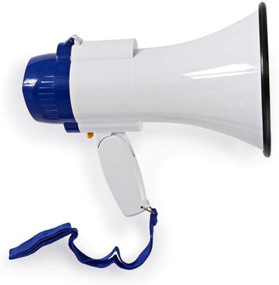 Aurixi® Megafoon met Sirene - Luchthoorn Met Schouderriem – Megafoon Auto – Sirene tot 115 Decibel – Instelbaar Volume - Stemversterker -Blauw/wit - ‎16cm x 25cm x 20cm