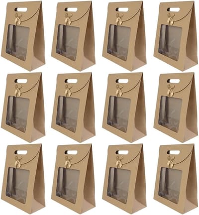 20 Stuks Bruine Papieren Tassen met Venster en Handvat voor Cadeaus, Snacks en Zoetigheden - 20 x 14 x 7 cm