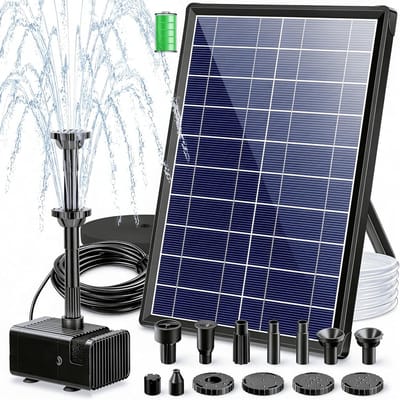 Zonnefontein met Accu, 7.5W Solar Vijverpomp met 3600mAh Vervangbare Accu, Waterpomp met 10 Spuitmonden voor Kleine Vijvers, Vogelbaden en Waterpartijen