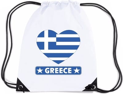 Griekenland thema sporttas - nylon rijgkoord rugzak - wit met hartjes vlag print - supporters - 11 liter - 45 x 34 cm