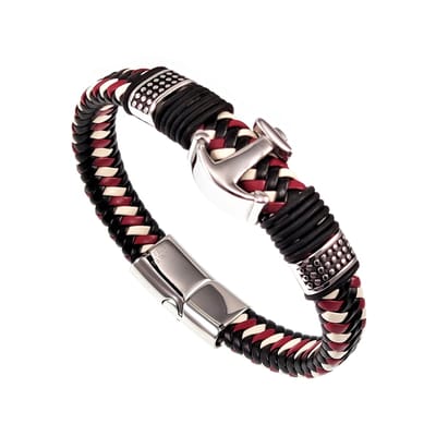 Gevlochten Leren Armband met RVS Anker - Heren - Rood/Wit/Zwart Leer - Stalen Sluiting