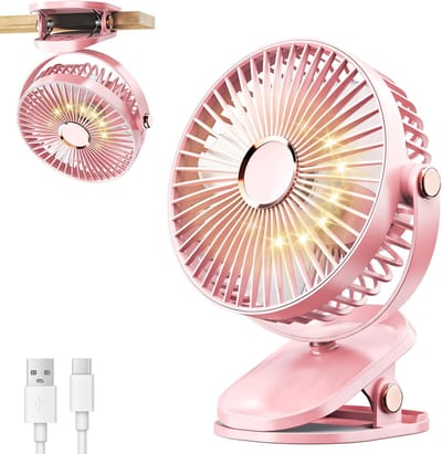Draagbare clipventilator met LED-verlichting, USB-bureauventilator met 4000mAh-batterij, 4 windsnelheden, 720° draaibaar, stille oplaadbare mini-bureauventilator.