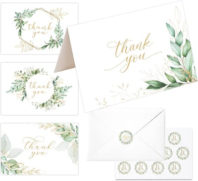 Set van 20 Dankbetuigingen met Groen Eucalyptus Folie en Enveloppen - Kaarten voor Feest en Zakelijk Gebruik