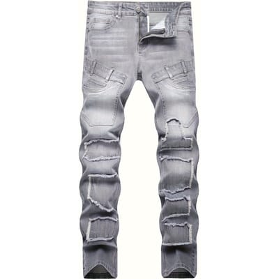 Dynamic Flex, Jean Gris Slim-Fit pour Homme - Denim Stretch, Taille Moyenne, Détail Brodé, Parfait pour les Sorties Printanières et Estivales 28 gris clair