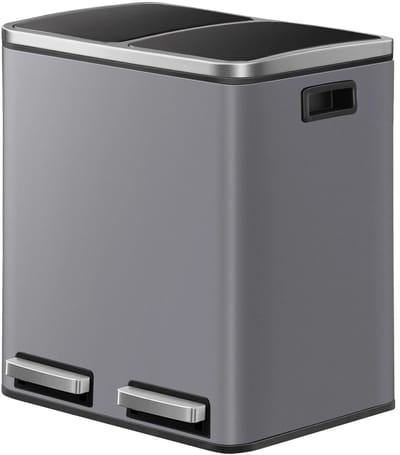 Prullenbak met Dubbel Compartiment en Voetpedaal - Afvalscheidingsbak met Softclose, Staal, 30 liter-15 x Vuilniszak- Leigrijs .