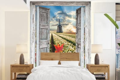 Behang - Fotobehang Bloemen - Molen - Lente - Doorkijk - Breedte 175 cm x hoogte 240 cm