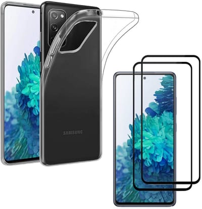 Hoesje Ultraslank geschikt voor Galaxy s20 FE backcover siliconen Transparant en 2 stuks ScreenProtector Gehard Glas met zwarte randen