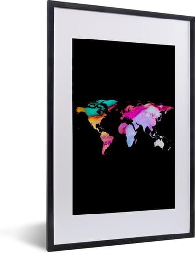 Poster in lijst - Fotolijst 40x60 cm - Posters - Wereldkaart - Regenboog - Verf - Posterlijst zwart - Decoratie - Wanddecoratie woonkamer - Muurdecoratie slaapkamer