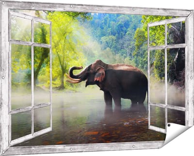 Gards Tuinposter Doorkijk Olifant in het Water - 150x100 cm - Tuindoek - Tuindecoratie - Wanddecoratie buiten - Tuinschilderij