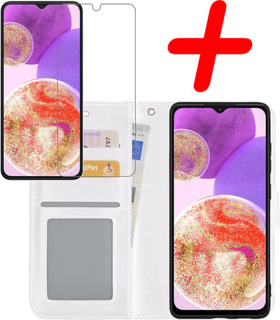 Hoesje Met Screenprotector - Geschikt voor Samsung Galaxy A23 - Luxe Pasjeshouder - Bookcase Portemonee - Flip Case - Kunstleer Book Case - Flipcase - Book Cover - Walletcase - Portemonneehoes - Wit