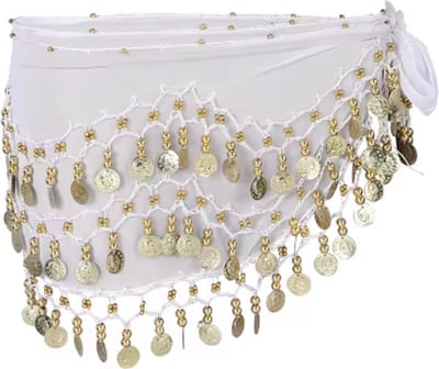 Scoby - Buikdans Sjaal - Gouden Muntjes - Belly Dance Shawl - Dansaccessoire - Buikdans Kostuum - 150cm - Wit
