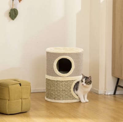 MEUNIQ krabton voor katten 49 cm hoog Ø35,5 cm met 2 niveaus, 2 rustplekken, krabmat en pluche rand, ronde kattenkrabton voor woonkamer of slaapkamer, khaki
