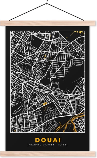Posterhanger incl. Poster 40x60 cm - Schoolplaat - Frankrijk - Douai - Stadskaart - Kaart - Plattegrond - Textielposter - Blanke latten - Stadskaart