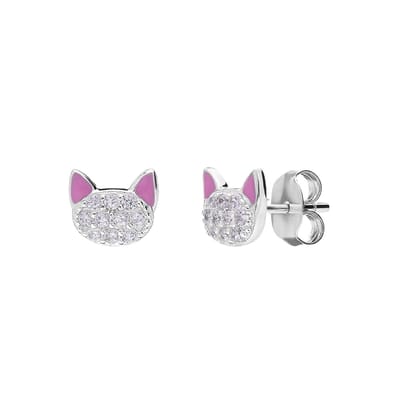 Lucardi Kinder Zilveren oorknoppen poes emaille roze - Oorbellen - 925 Zilver - Zilverkleurig