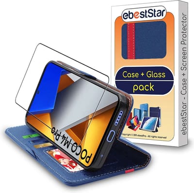 ebestStar - Hoes geschikt voor Xiaomi Poco M4 Pro 4G, Wallet Etui, Book case hoesje, Donkerblauw, Rood + Gehard Glas