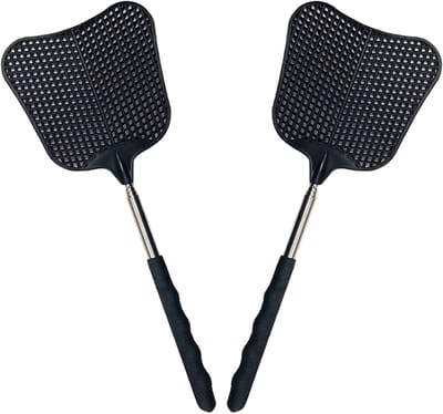 2 Stuks Ophangbare Kunststof Vliegenmepper - Uitschuifbare Muggenvanger - Kleurenmix - Plastic - Anti Insecten Middelen - Sterke en Flexibele Handmatige - Vliegen/Muggen/Wespen - Zwart