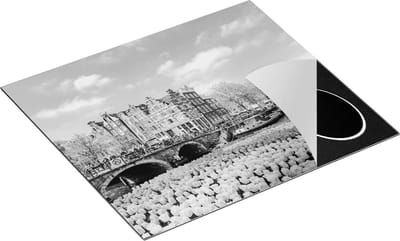 Chefcare Inductie Beschermer Amsterdamse Huisjes aan de Grachten - Zwart Wit - 60x50 cm - Afdekplaat Inductie - Kookplaat Beschermer - Inductie Mat