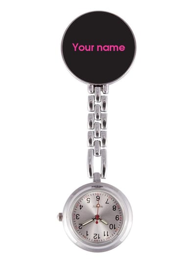 Gepersonaliseerd Verpleegstershorloge Zwart/Roze/Block met Naam -  Quartz uurwerk - Glow in the Dark Wijzers - Zorgpersoneel - Ziekenhuis - Verpleegster Accessoires - Zusterhorloge met Naam
