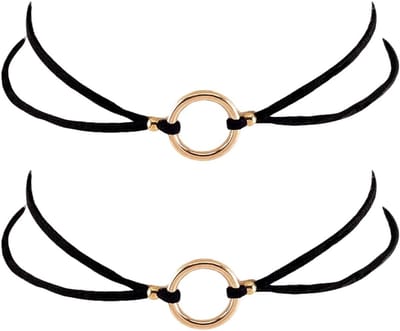 2 stuks choker-halsketting van kunstleer met gouden O-ring in zwart met verstelbare gothic-punk-strekker van leer met korte cirkel-halsketting voor damesjurken