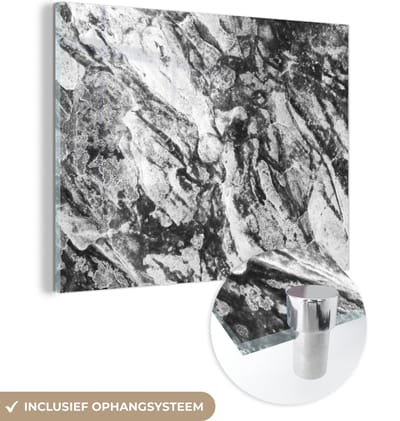 Glasschilderij zwart wit - Zwart - Wit - Graniet - Stenen - 160x120 cm - Foto op glas - Slaapkamer decoratie