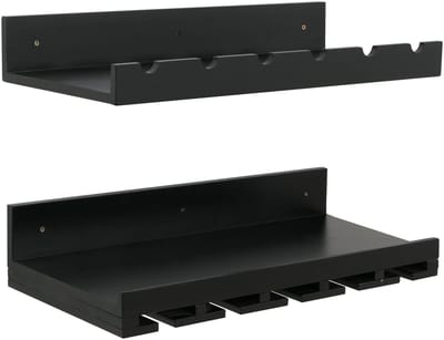 Set van 2 wijnrekken MCW-P22, glazen-/flessenhouder Wandbar voor 6 flessen/15 glazen Hout MVG-gecertificeerd 61x28cm ~ zwart