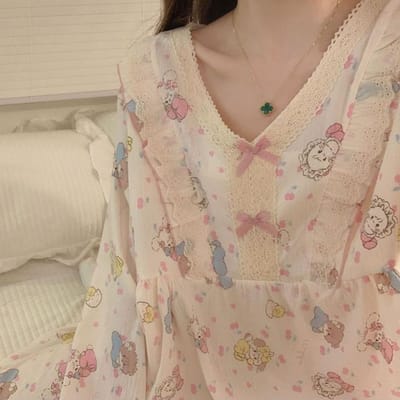 Pyjama's voor Dames Grote Maten Kersenprint Pyjama Set Top met Lange Mouwen + Broek Gerimpelde Huiskleding Huidvriendelijk 6XL beige
