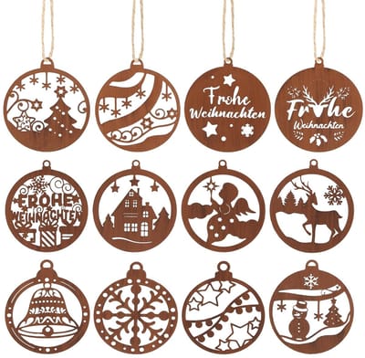Dailygoods- Kerstboomversiering 12 stuks - Roestkleurige Kersthangers - Metaal - Sneeuwpop/Hert/Ster - Tuindecoratie/Raamdecoratie - 8 cm Diameter - Kerstdecoratie