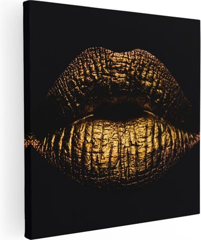 Artaza Canvas Schilderij Gouden Lippen - 90x90 cm - Wanddecoratie Vrouw - Muurdecoratie Goud - Schilderijen Op Canvas