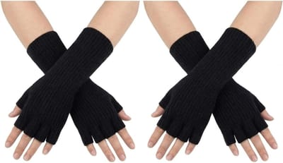 Unisex Vingerloze Handschoenen - Rekbare Gebreide Halfvinger Handschoenen voor Winterwarmte en Comfort, Zwart