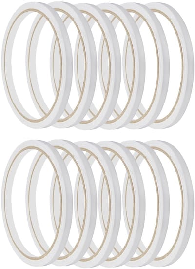 Dubbelzijdige Plakband, Dun, 12 Rollen, Zelfklevende Witte Tape voor Knutselen, Naaiwerk, Scrapbooking en Cadeauverpakking, 6 mm x 10 m, Sterk en Gemakkelijk te Verwijderen, Ideaal voor DIY Projecten en Creatieve Klussen