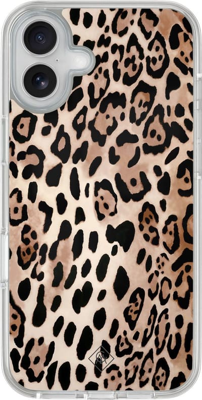 Casimoda® hoesje - Geschikt voor iPhone 16 - Luipaard print bruin - 2-in-1 case - Schokbestendig - Luipaardprint - Verhoogde randen - Bruin/beige, Transparant