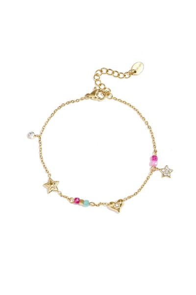 Gouden Armband met Ster en Hartje – Dames Armband – Zirkonia & Kleurrijke Kralen – Verstelbaar