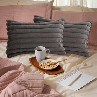 REDOM Sierkussenhoezen Set van 2 - 30x50 cm - Verborgen Rits & Decoratieve Kwastjes - Voor Bank, Bed en Slaapkamer - Pluche - Grijs