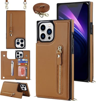 Casemania Hoesje Geschikt voor Apple iPhone 15 Pro - Bruin - Luxe Back Cover met Koord / Rits - Wallet Case met Pasjeshouder - Lanyard Telefoonhoes - Cord Case